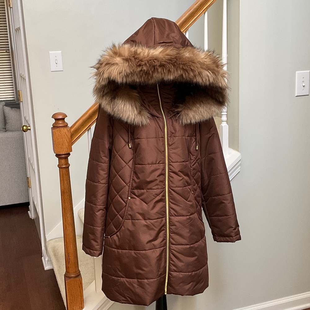 Susan Graver Brown Puffer Coat with Faux Fur Trim 2XL - Picture 4 of 12